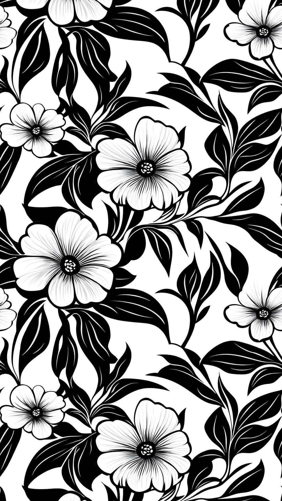 Black and white floral pattern with large flowers and leaves on a white background. The design is intricate, bold, and symmetrical.