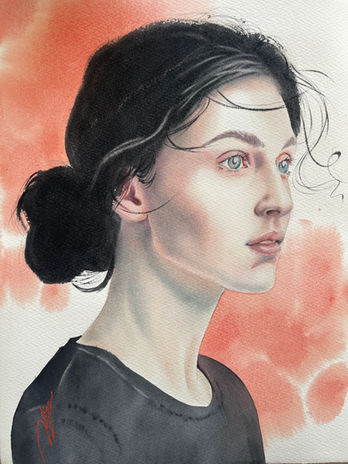 The watercolorportrait of a young lady against a red background.