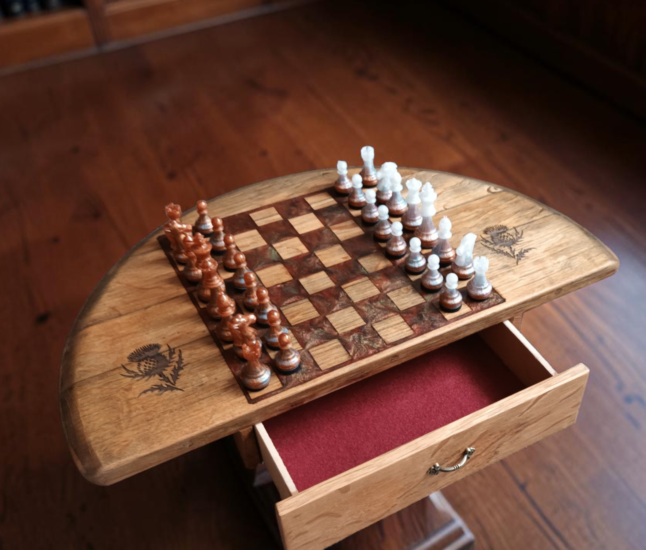 Whisky barrel chess set