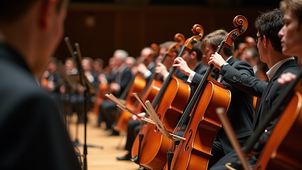 Close-up view of orchestral instruments arranged on stage before performance