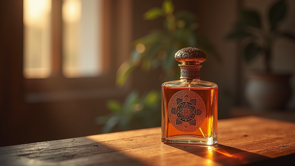 Close-up view of a beautifully crafted Arabic perfume bottle