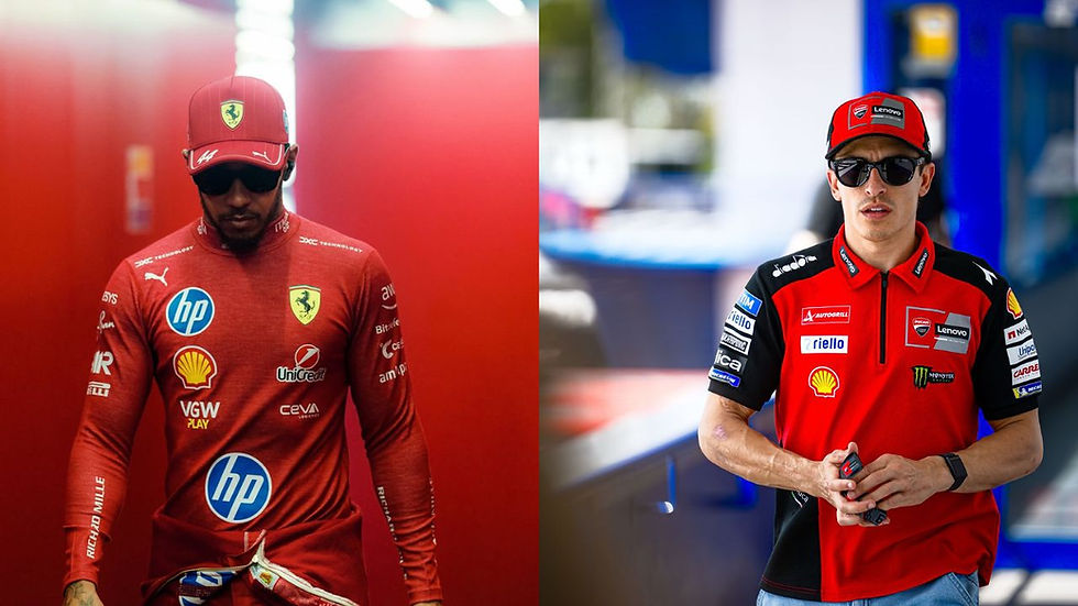 Lewis Hamilton (L) and Marc Márquez (R) | Credit: Scuderia Ferrari HP via Instagram & Ducati Corse via Threads