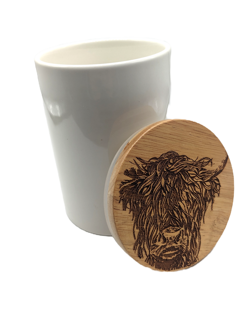 Highland Cow Oak and Ceramic Storage Jar Small open