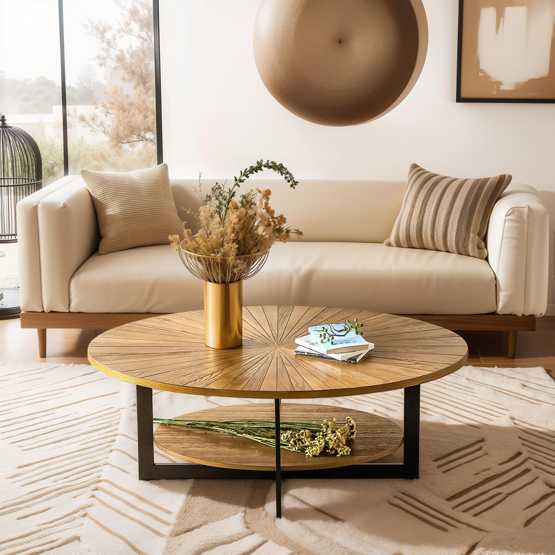 DS-HOMEPORT Wood Oval Coffee Table for Living Room 2 Tier Circle Rustic Coffee T
