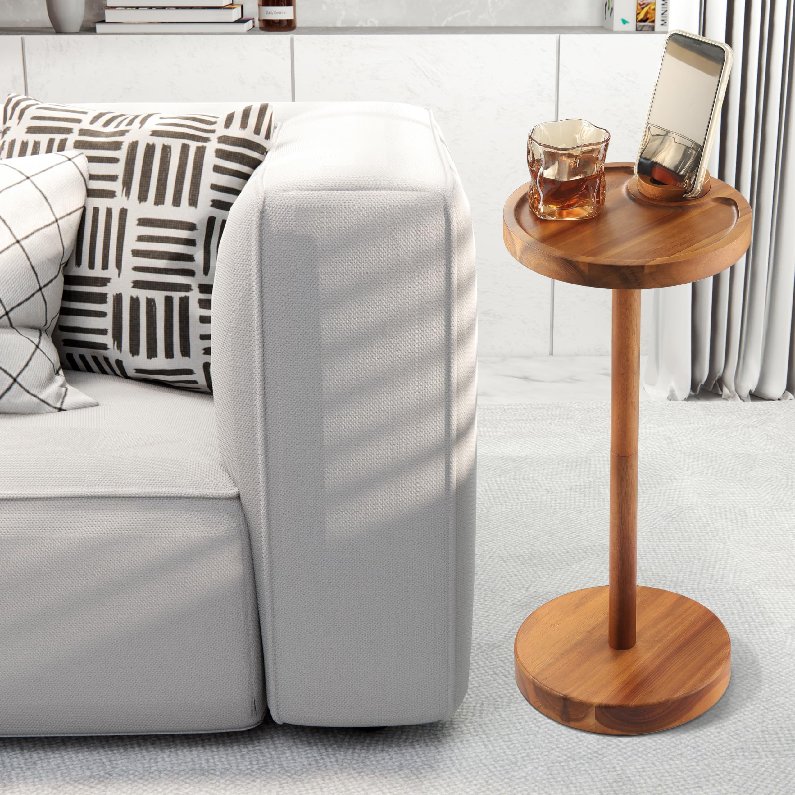 Pedestal Side Table Acacia Drink Table with Weighted Base Small Round Side Table