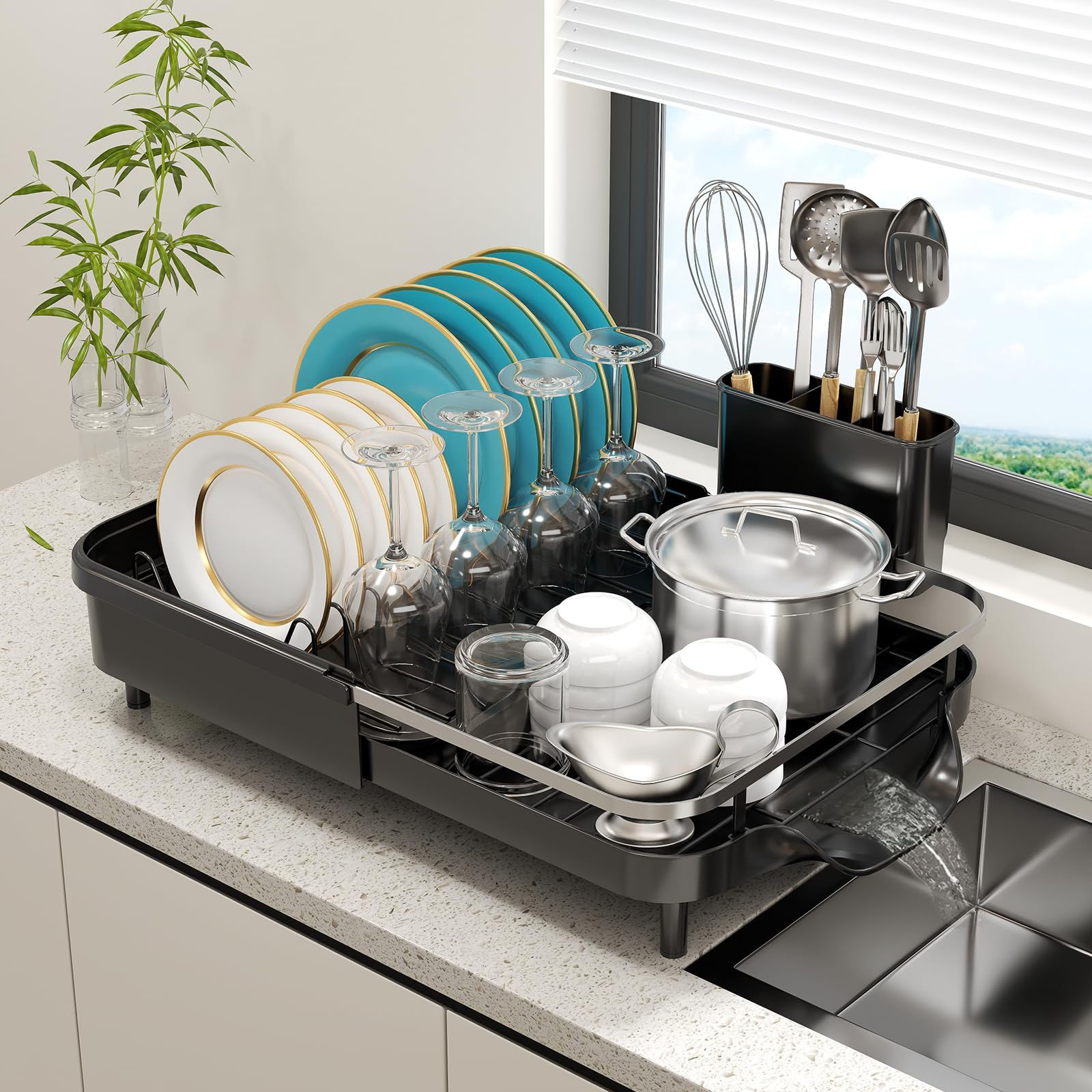 KLKE Expandable Dish Drying Rack,Dish Rack for Kitchen Counter-Dish Drainer with