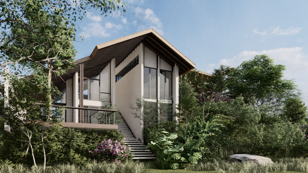 wo-storey bungalow with gable roof, large windows, and lush landscaped garden setting.