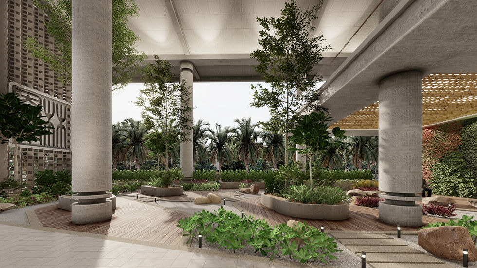 Urban oasis with green landscaping and seating areas nestled under large concrete columns.