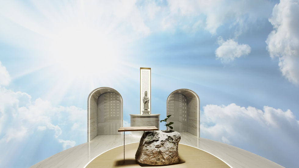 Iconic architectural monument with water feature and vertical sculpture under a dramatic blue sky 3D projection