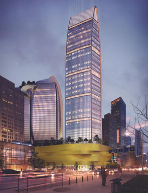 Twin office towers in a commercial business district with reflective glass facades and landscaped public plaza.