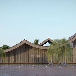 Architectural building with multiple pitched roofs and timber cladding, inspired by traditional Malaysian forms