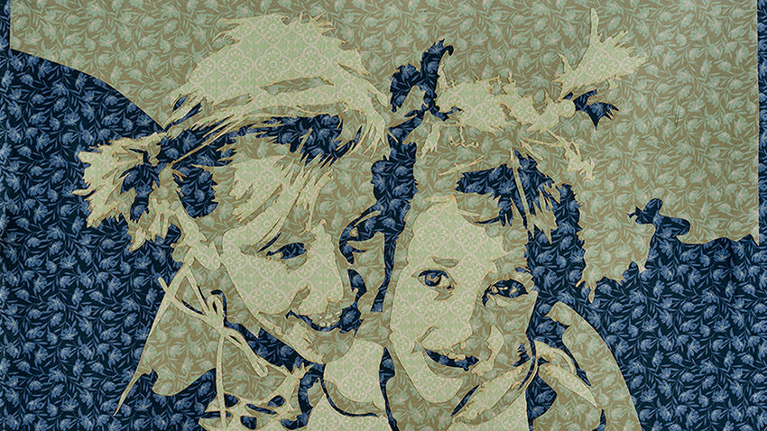 A collage of printed fabrics featuring artist Yael Oren alongside her sister Ruthi in their childhood.