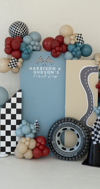 Racing themed birthday balloons, checkered flag balloons for boy's birthday party