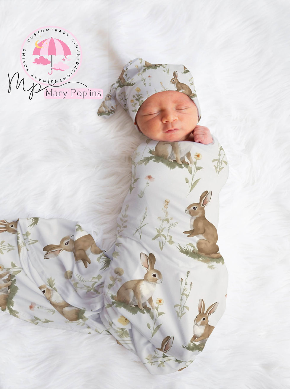 Neutral , Leaves , Florals , Flowers , Bunny Design swaddle set for Girls