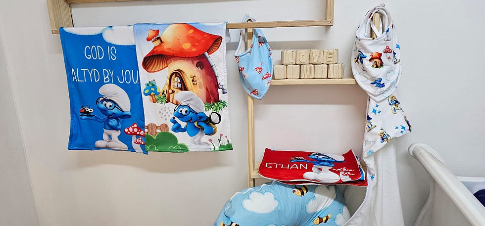 Thumbnail: Smurfy Blues - A playful nursery set featuring a charming cartoon-inspired design in vibrant blue tones. Perfect for adding a touch of fun and whimsy to your little one’s space. Crafted with high-quality materials for comfort and durability, this set is a lively addition to any nursery or a thoughtful gift for new parents.