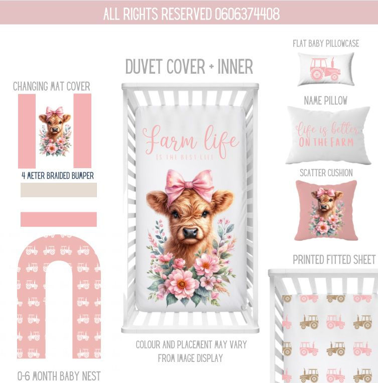 Farm Life Highlands Cow - A delightful nursery set featuring a charming Highland cow design in soft pink tones, paired with rustic farm-inspired accents. Perfect for creating a cozy and whimsical space for your little one. Crafted with high-quality materials for comfort and style, this set is a beautiful addition to any nursery or a thoughtful gift for new parents