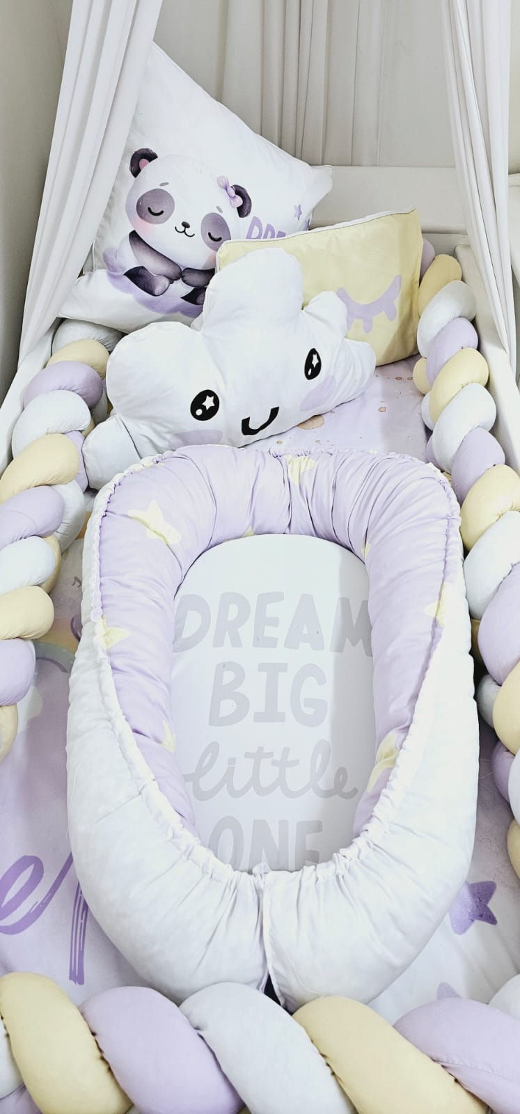 Sleepy Stars Panda Bear Purple - A dreamy nursery set featuring an adorable panda bear design surrounded by soft purple hues and delicate star accents. Perfect for creating a peaceful and cozy bedtime atmosphere for your little one. Crafted with premium materials for lasting comfort and charm, this set is an enchanting addition to any nursery or a thoughtful gift for new parents.