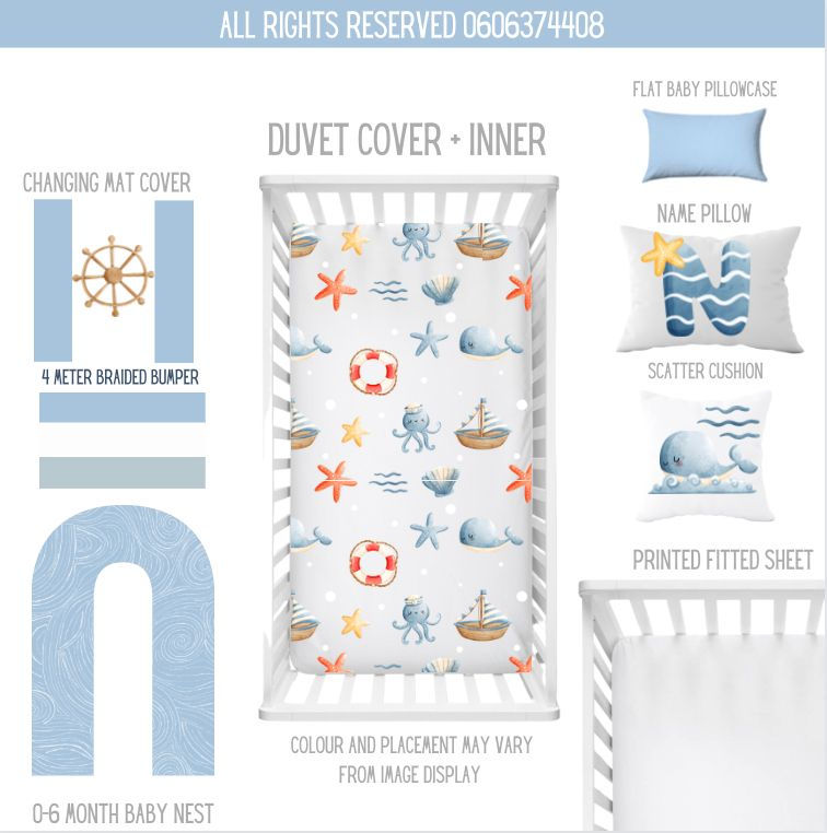Ahoy Matey Nautical Sea - A playful nursery set featuring a delightful nautical theme with anchors, ships, and sea-inspired elements. Perfect for creating an adventurous and coastal vibe for your little one’s space. Crafted with high-quality materials for comfort and style, this set is a wonderful addition to any nursery or a thoughtful gift for new parents.