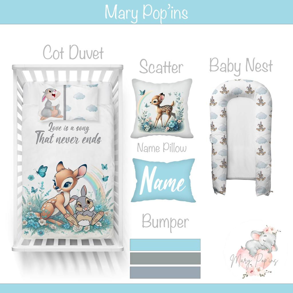Bambi Thumper (Bunny & Deer) Blue - A sweet nursery set featuring the beloved Bambi and Thumper characters, with soft blue tones and gentle nature-inspired accents. Perfect for creating a serene and whimsical space for your little one. Crafted with high-quality materials for comfort and durability, this set is a lovely addition to any nursery or a thoughtful gift for new parents.