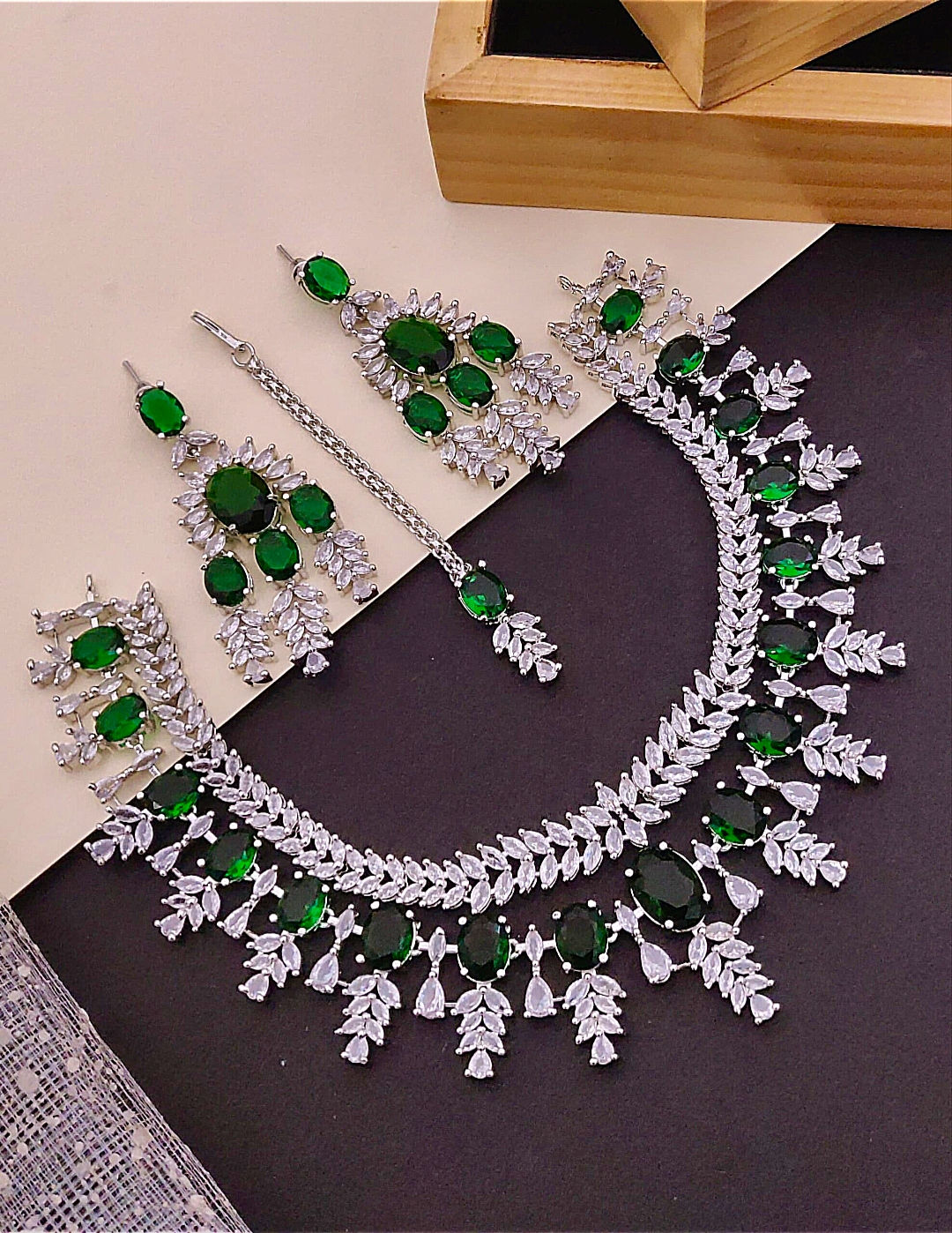 American diamond with maang thika necklace set 