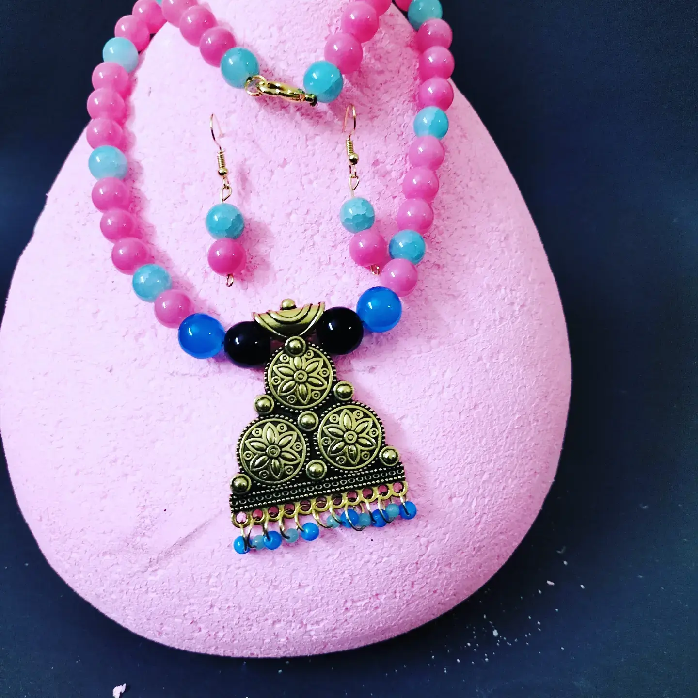German glass beads with oxidised pendant necklace set.