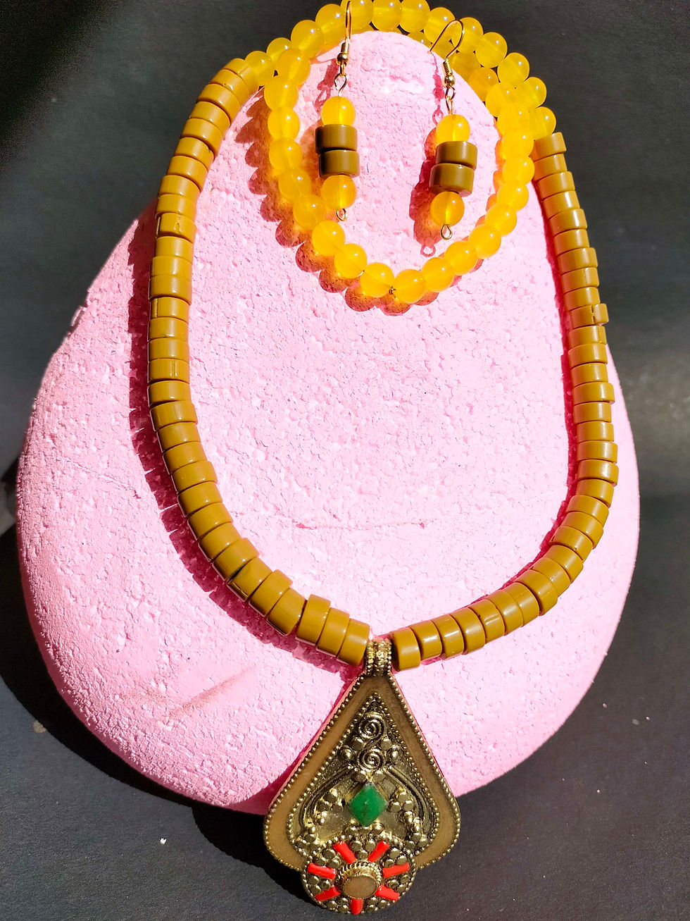 Thumbnail: Tube heishi Nepali beads with tribal oxidised pendant necklace set.