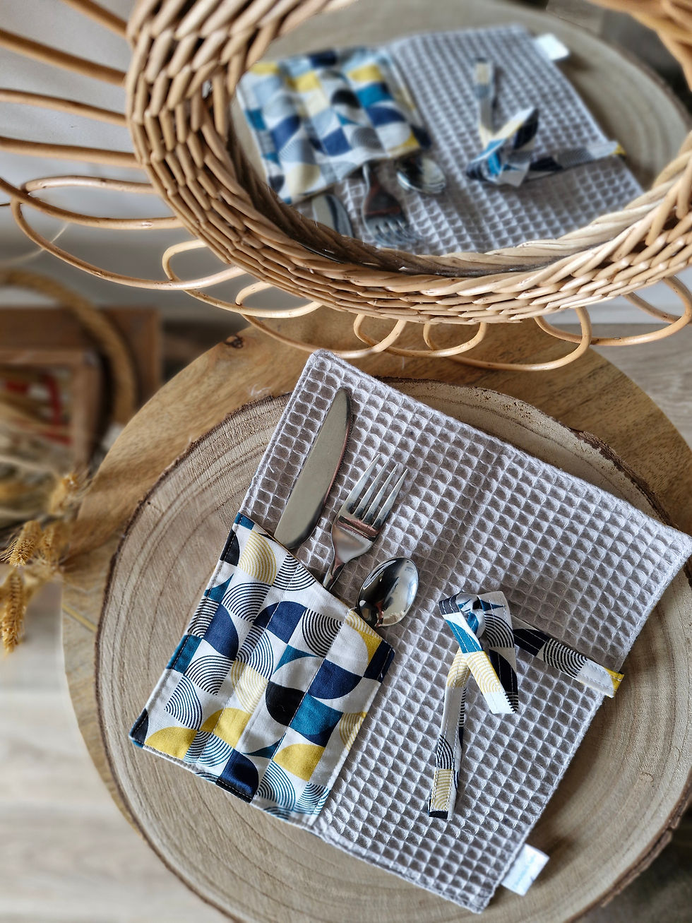 Miniature : Etui à couverts Carreaux Bleu et Jaune 