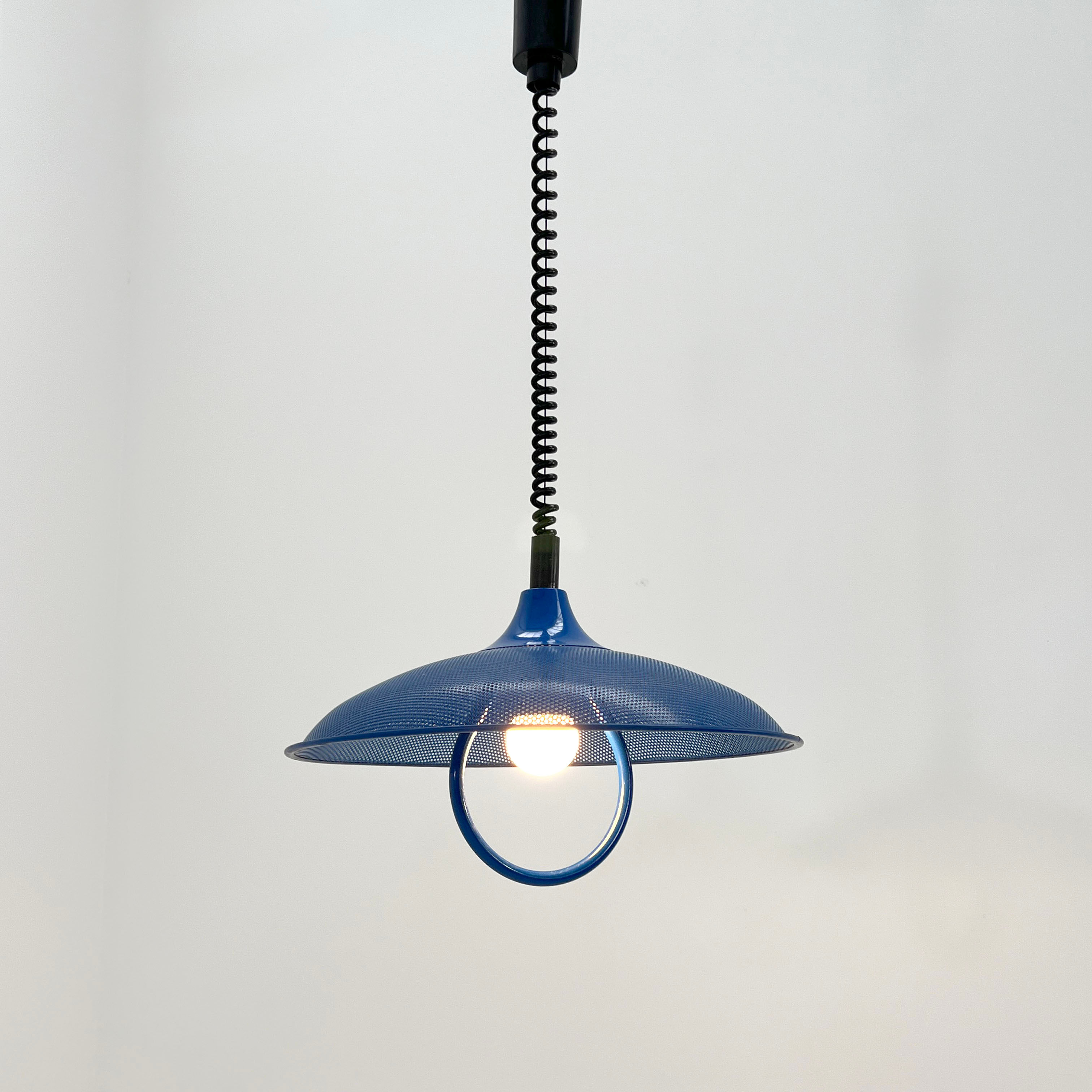 Blue Adjustable Pendant Light in Perforated Metal, 1980s - SOLD