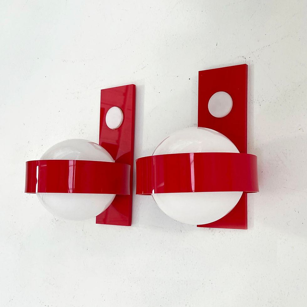 Thumbnail: Pair of Space Age Red & White Wall Lamps in Glass & Plastic, 1970s - SOLD