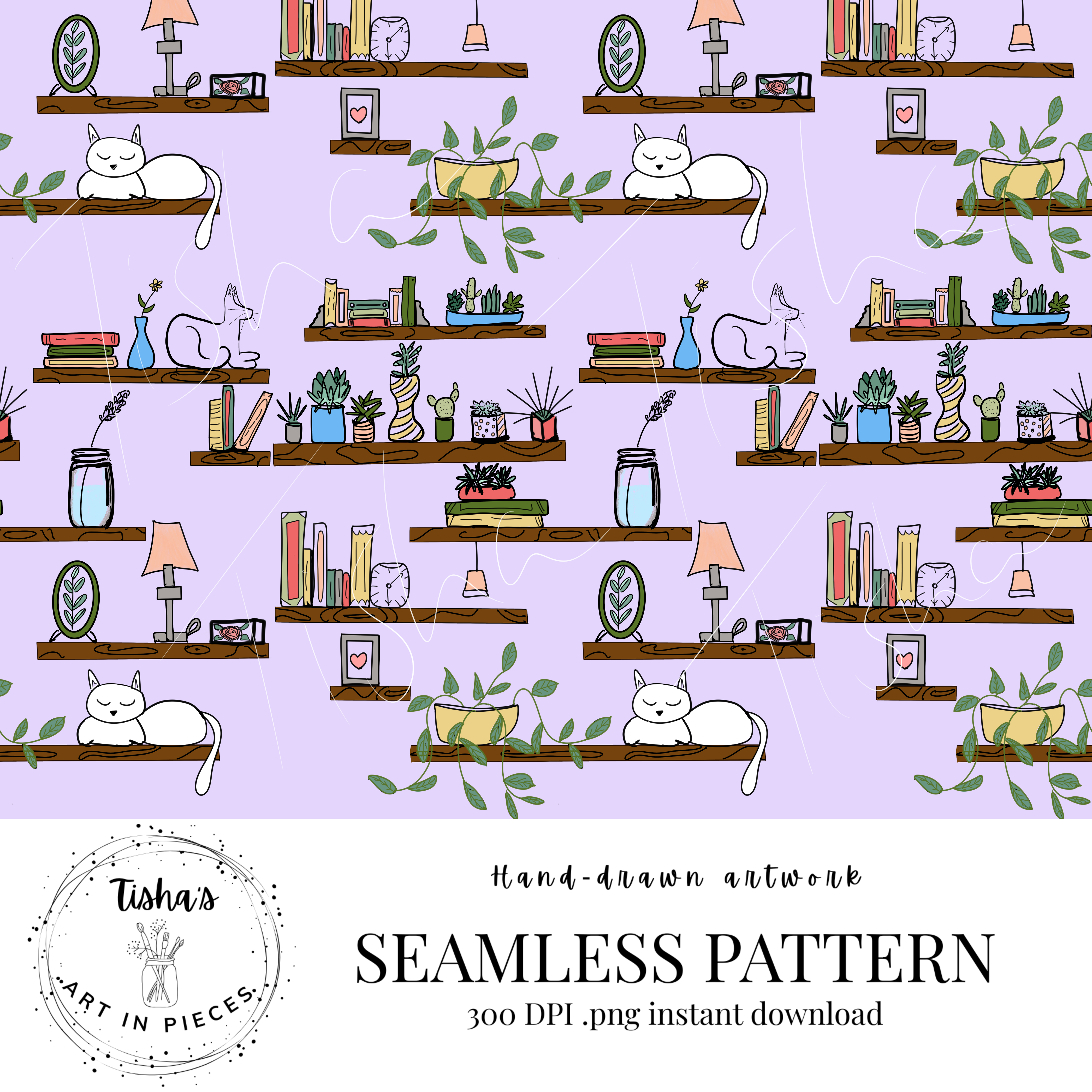 PURPLE BOOKCASES | Seamless Pattern| Hand-drawn| PNG