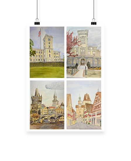 Collage of 4 watercolor prints: a clocktower, Quarters One Rock Island Arsenal, Charles Bridge Prague, and Rothenburg