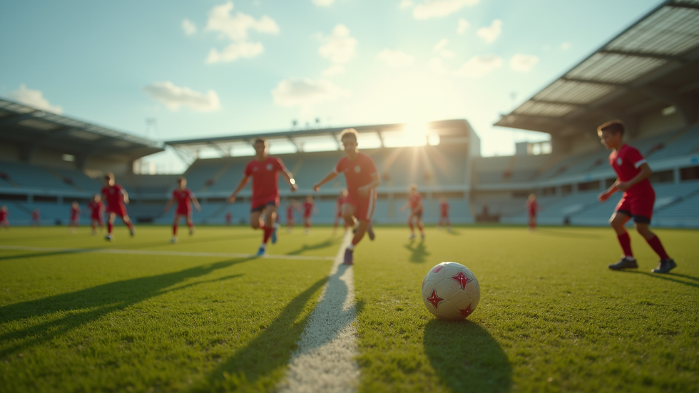Eye-level view of a football field with young players training