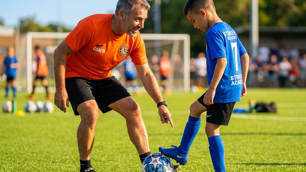 Close-up view of a football coach demonstrating a skill to a young player