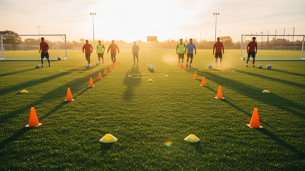 Eye-level view of a green football field with goalposts and training cones