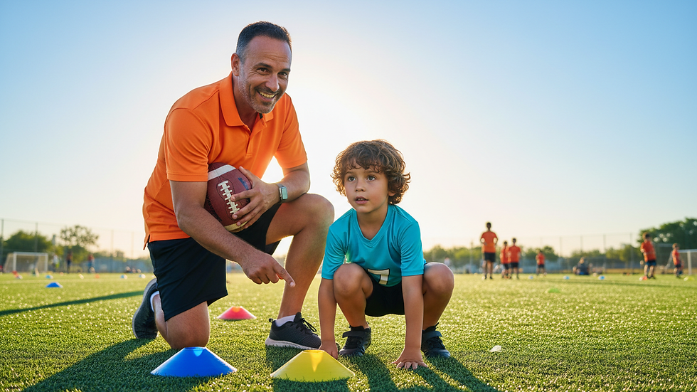 Close-up view of a football coach demonstrating a skill drill to a young player