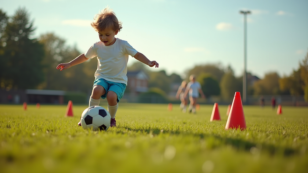 Eye-level view of a child dribbling a football around cones on a grassy field