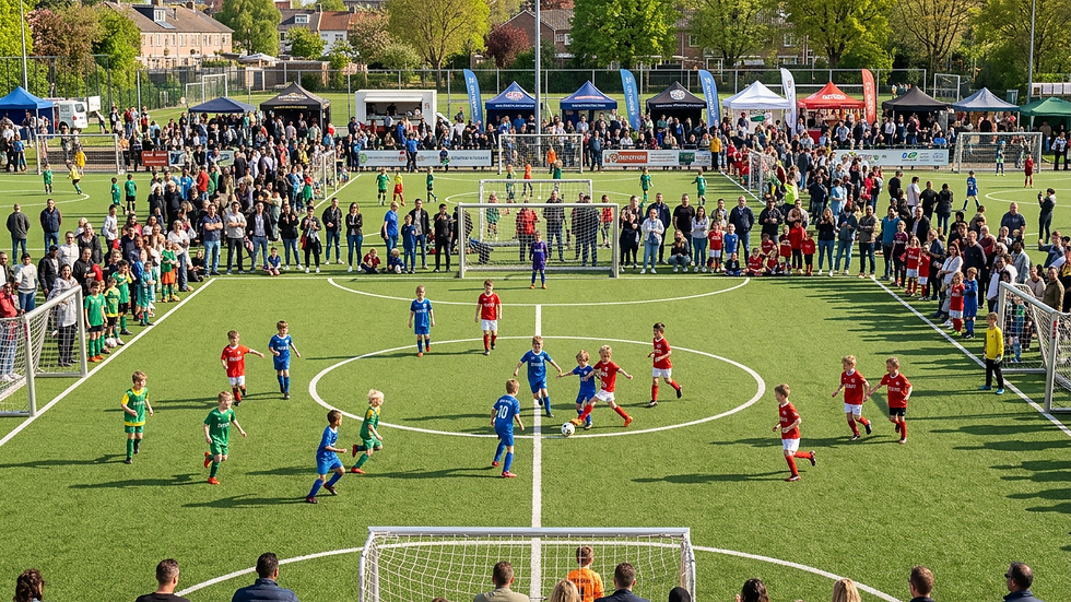 High angle view of a football field with children playing during a community event