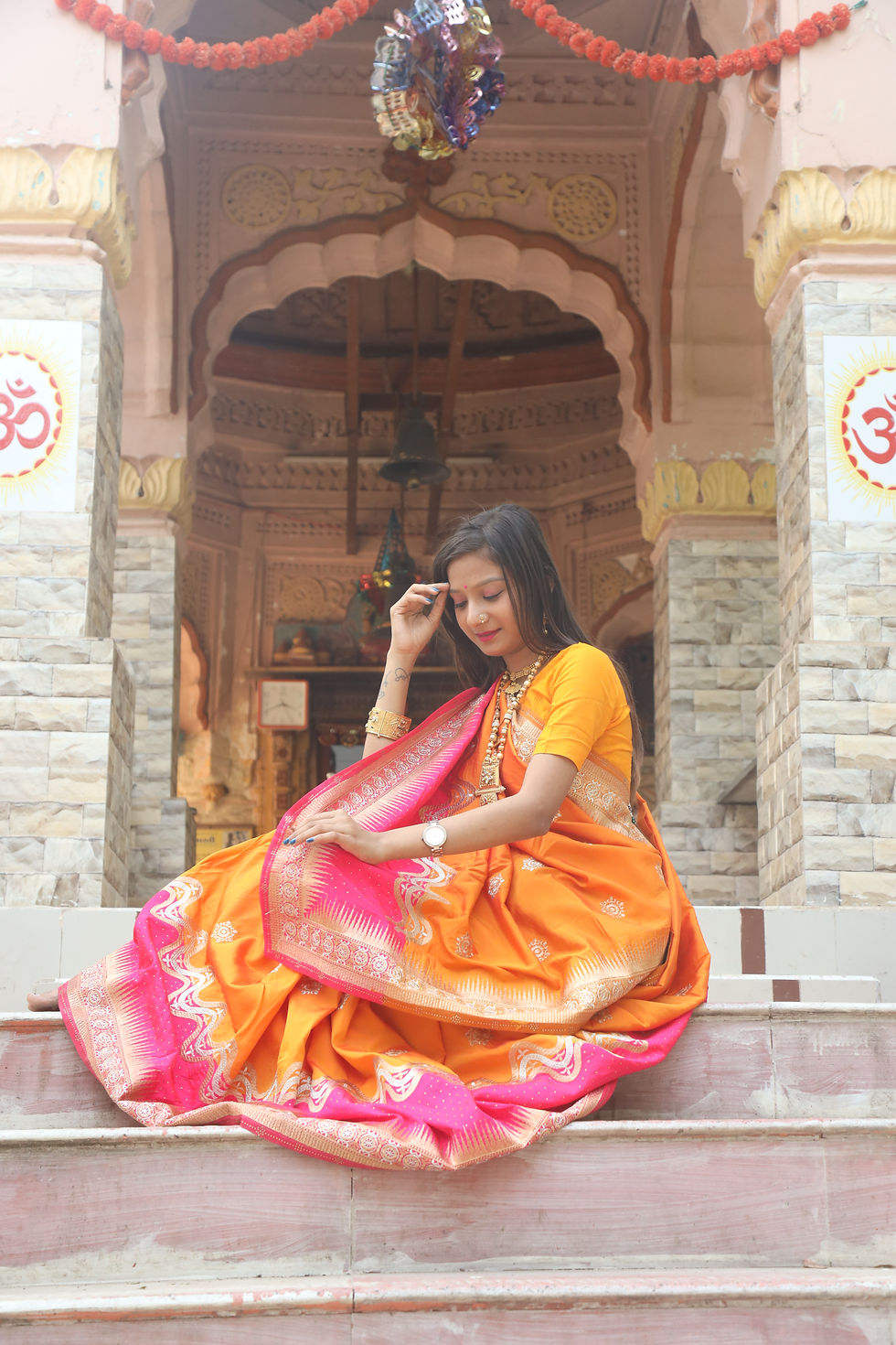 Khushi Orange-Pink Ruby Leriya Silk Saree With Swaroski