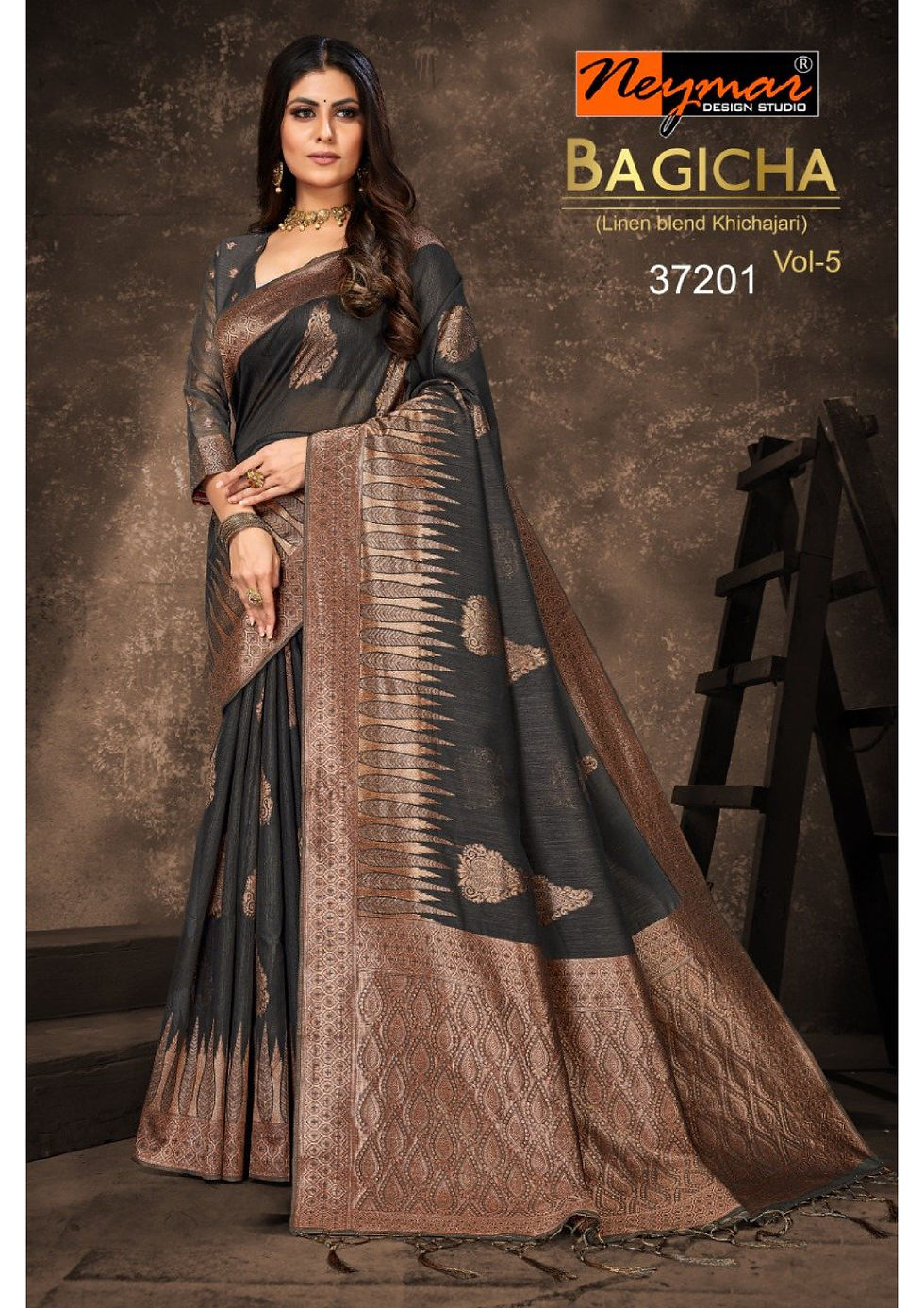 Grey Woven Bagicha Linen Blend Khichjari Saree