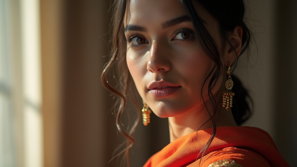 Close-up view of a woman wearing a draped saree