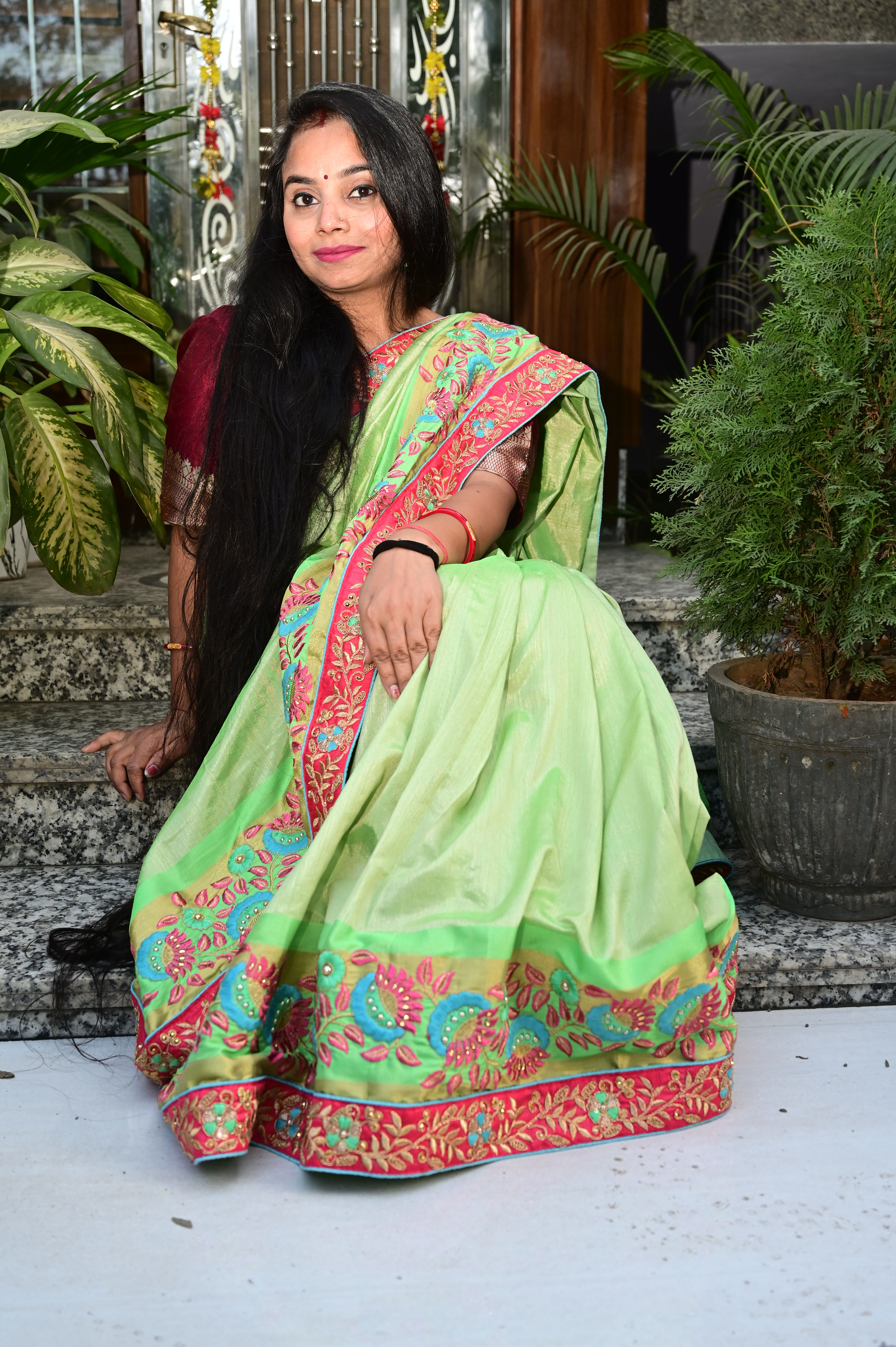 Stylish Pista Rose Embroidery Work With Fancy Work Blouse