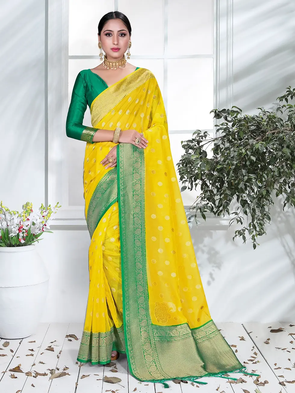 Yellow Green Organza Silk Saree