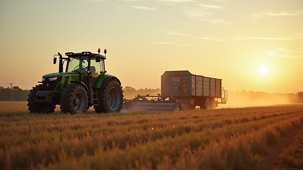 Weitwinkelaufnahme eines landwirtschaftlichen Betriebs mit Traktor und Scheune