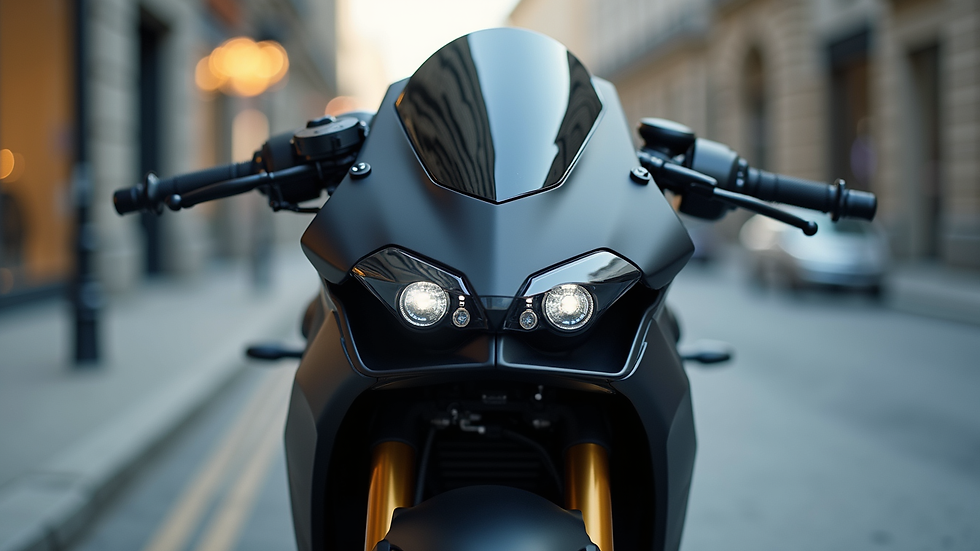 Close-up view of an electric motorcycle showcasing its sleek design and modern features.