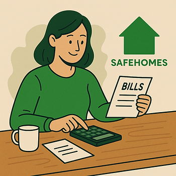 Woman reviewing household bills with a calculator—illustration for Safehomes blog about bill management.