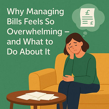 Illustration of a woman sitting on a sofa, looking stressed while surrounded by scattered bills, with a thought bubble showing a document with pound symbols, representing financial overwhelm.