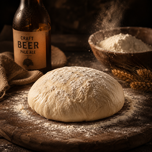 Handcrafted 48-hour fermented craft beer-infused sourdough pizza crust being prepared by JJ's Pizza.