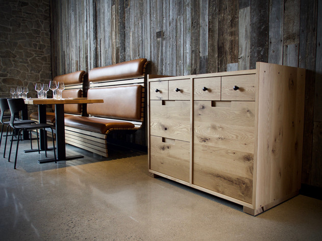 Leather, oak and steel.