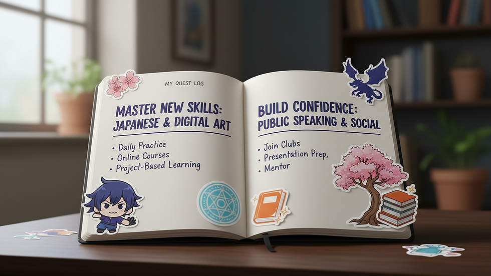 Close-up view of a notebook with personal growth goals and anime stickers
