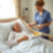 A smiling, but suffering elderly woman in a bed at a nursing home with a nurse standing ne